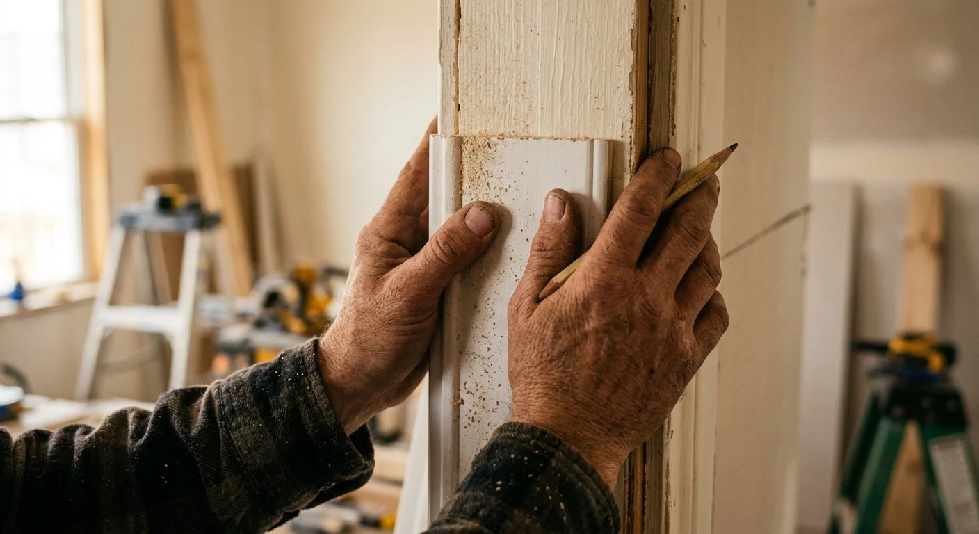 A carpenter holding new door casing against an existing jamb to check the fit