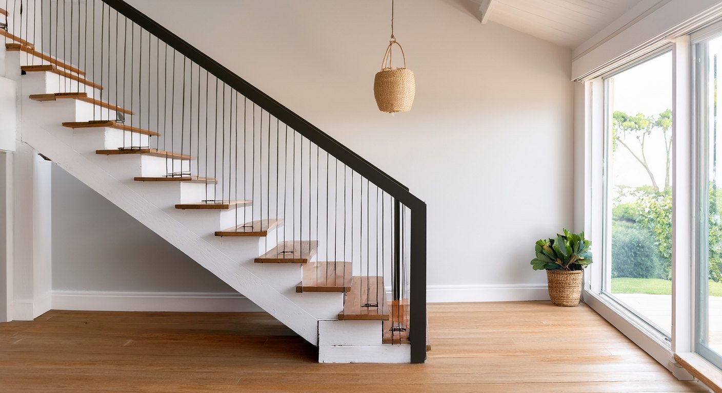 Horizontal cable railing on an open staircase in a mid century ranch