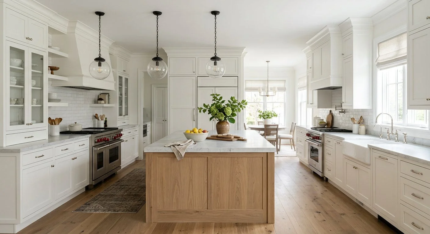 Custom white Shaker kitchen cabinetry with a large island, a full replacement rather than a reface