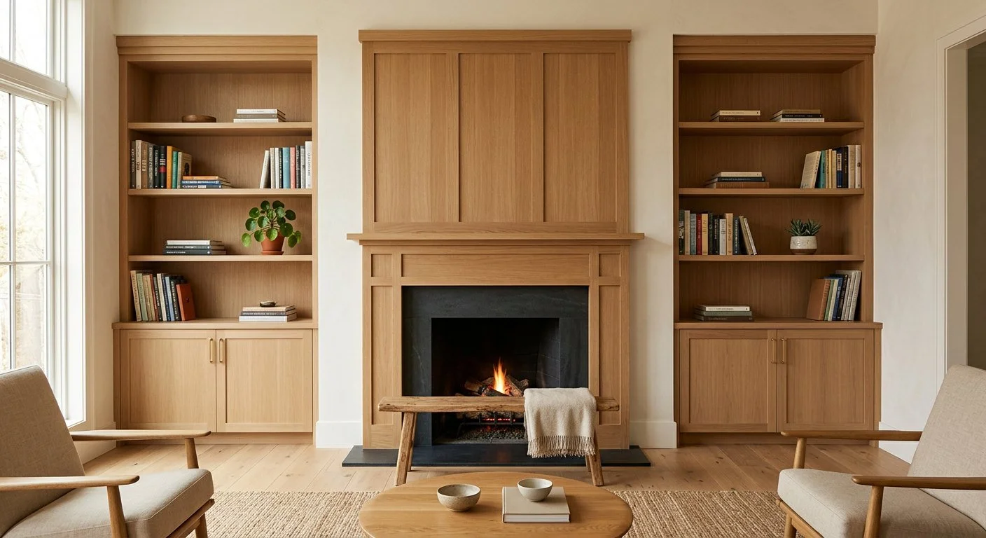 Custom white oak built-in bookcases flanking a paneled fireplace surround