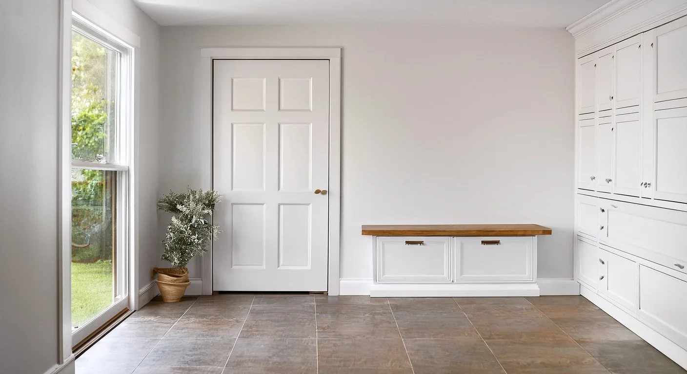 Tall closed cabinet and bench at a garage entry door