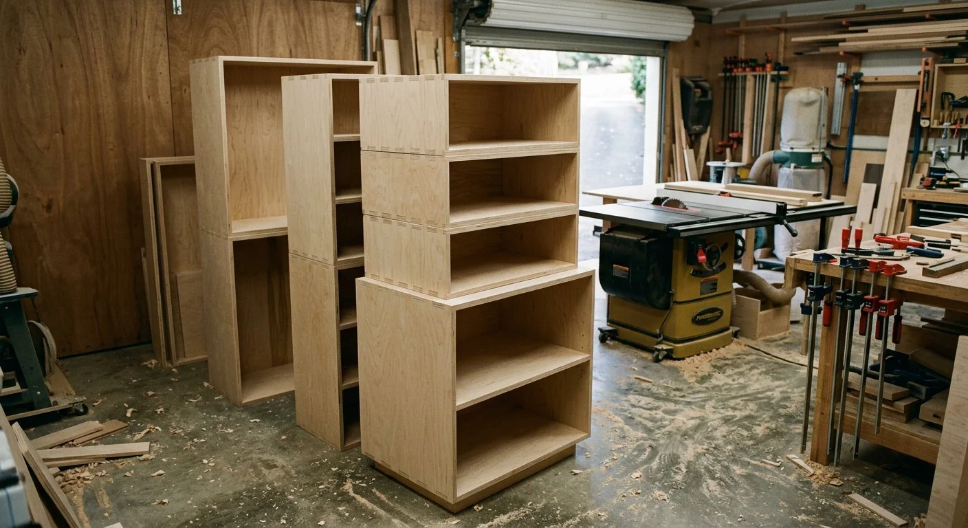 Full plywood cabinet boxes under construction in the shop before installation