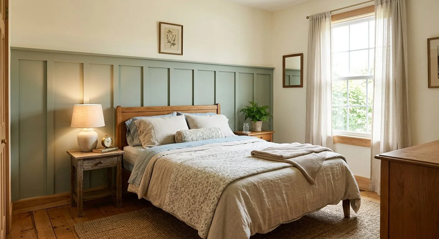 Board and batten paneling on the lower two thirds of a bungalow bedroom wall