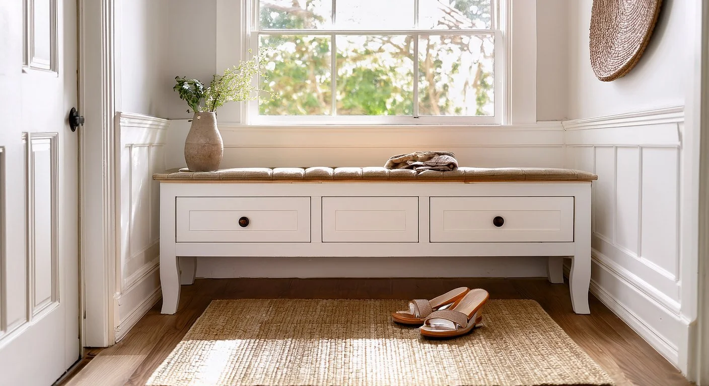 Entry bench with deep drawers for shoes under a window