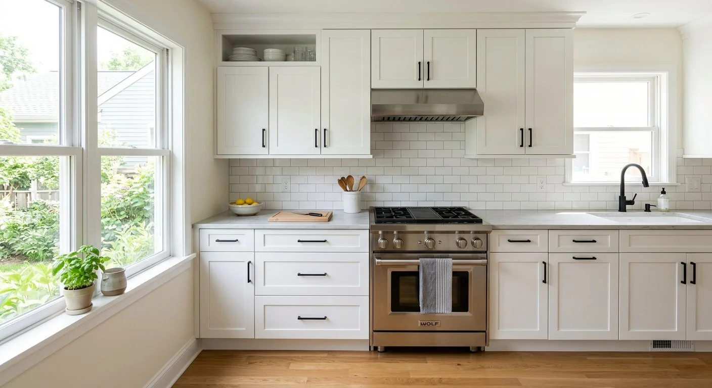 Refaced kitchen cabinets with new Shaker doors and drawer fronts on original boxes