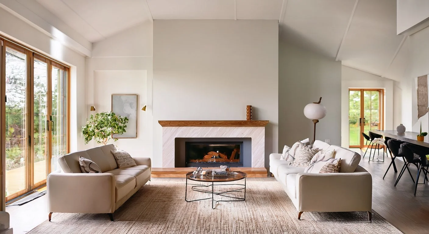 Slim floating mantel on a full height paneled fireplace wall in a mid century ranch