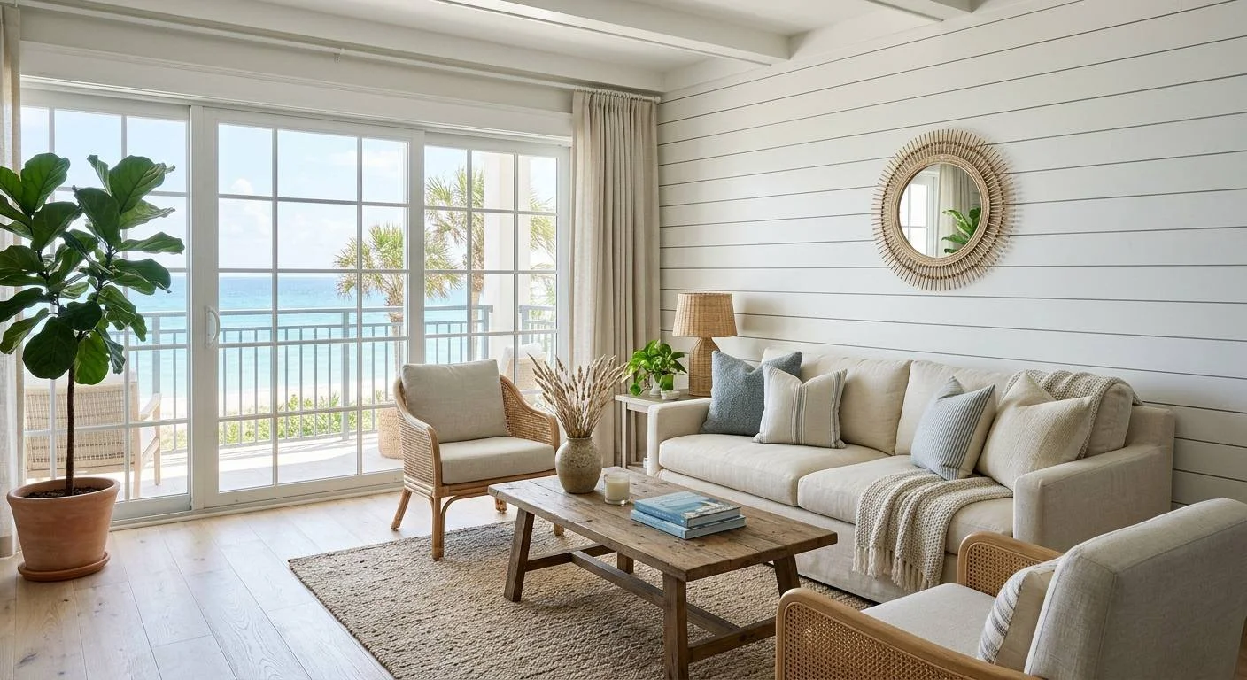 Painted shiplap feature wall with even reveals in a bright coastal living room