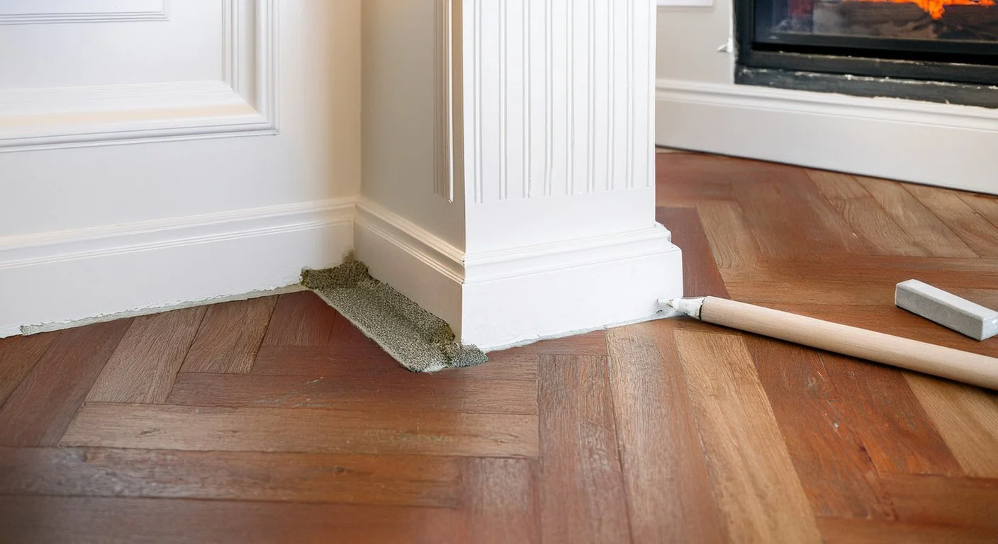 Close view of a mantel leg scribed tight to an uneven tile hearth