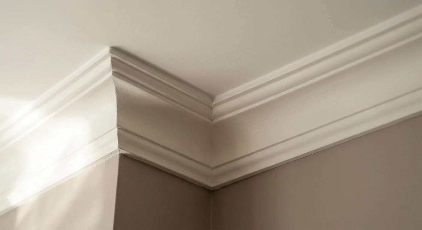 Close view of crown moulding sized to a 9 foot ceiling