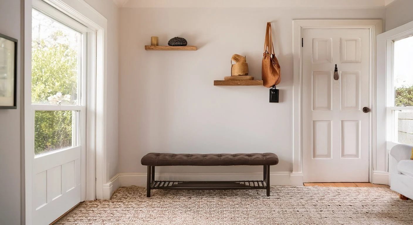 Painted entryway built-in with a bench, a row of hooks and closed cabinets below