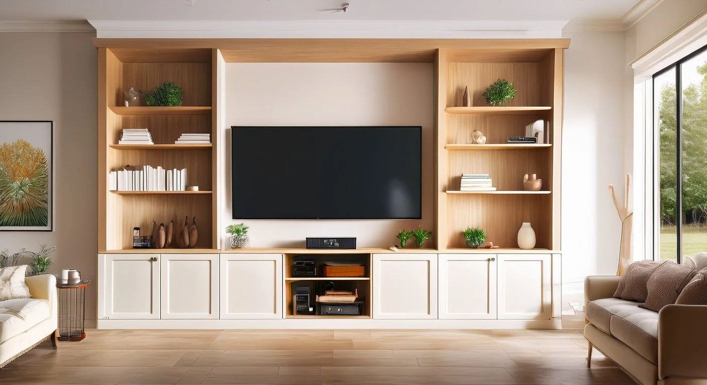 Painted media wall built-in with a recessed TV, closed base cabinets and open shelves