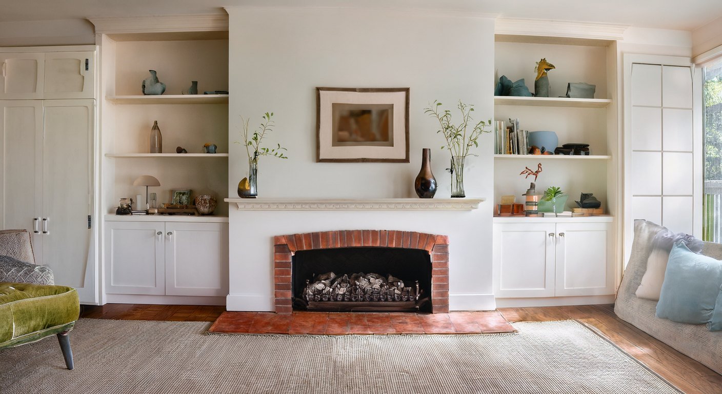 Painted fireplace surround with flanking built-in cabinets and open shelves in a living room