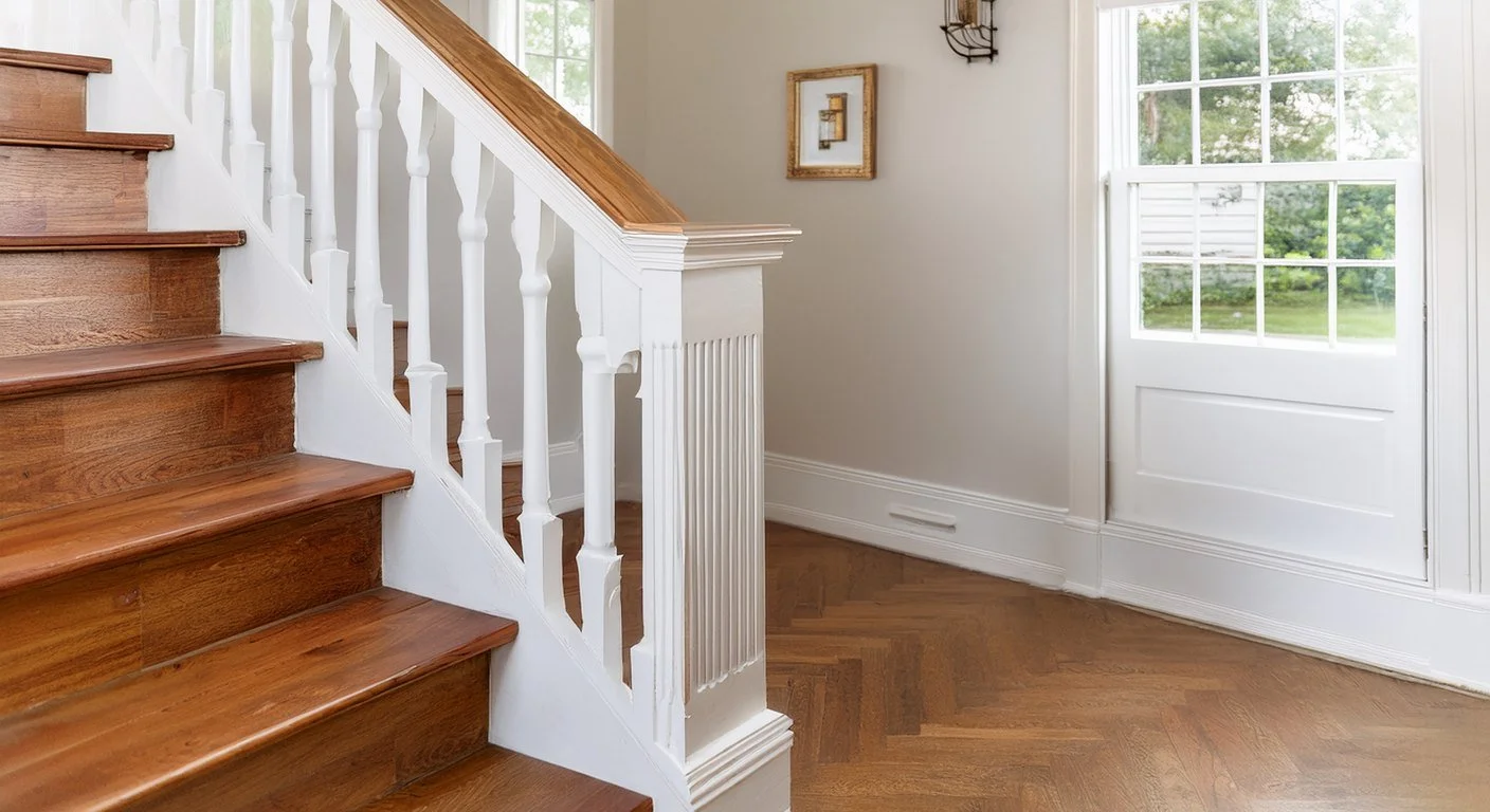Staircase with new white oak treads, painted risers and a square newel post