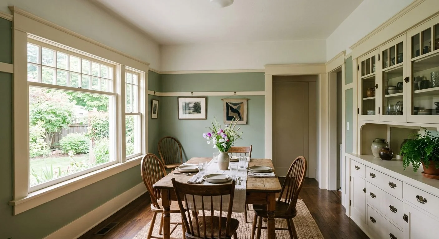 Picture rail below the ceiling of a bungalow dining room, painted to match the casing