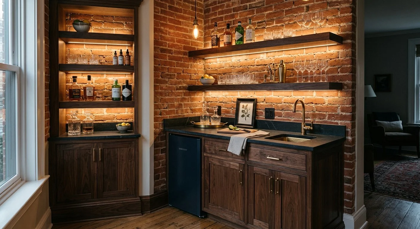 Custom wet bar cabinetry in an alcove against an exposed brick wall