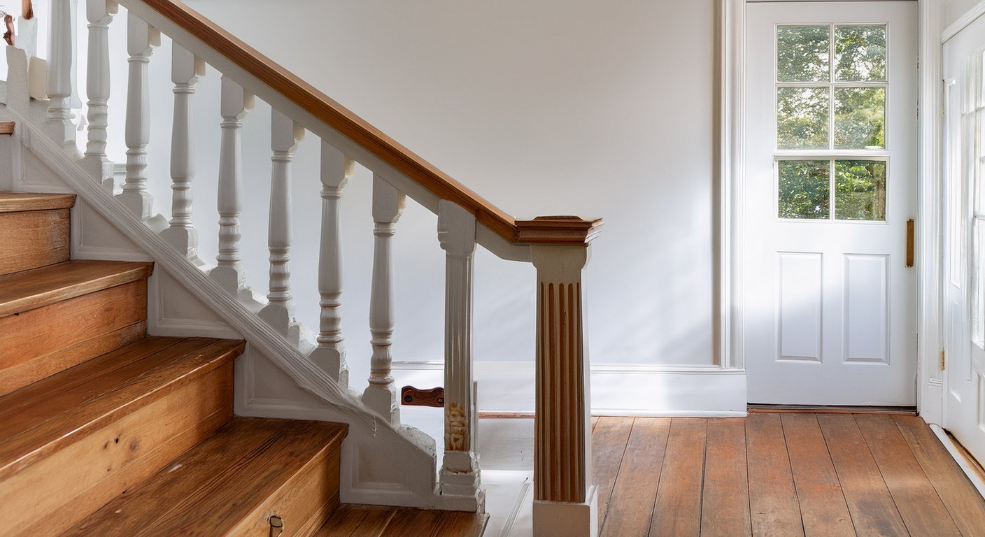 Square wood balusters and a chunky newel post on a bungalow staircase