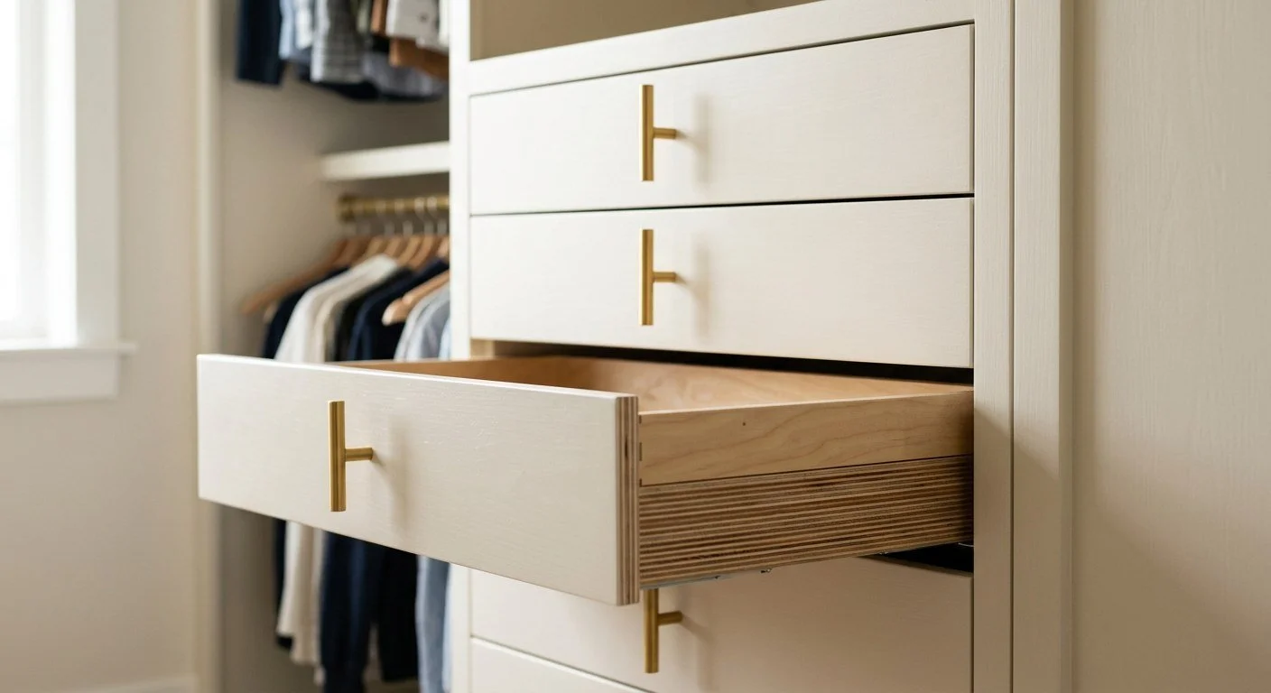 Close view of a closet drawer bank showing plywood edges and even door gaps