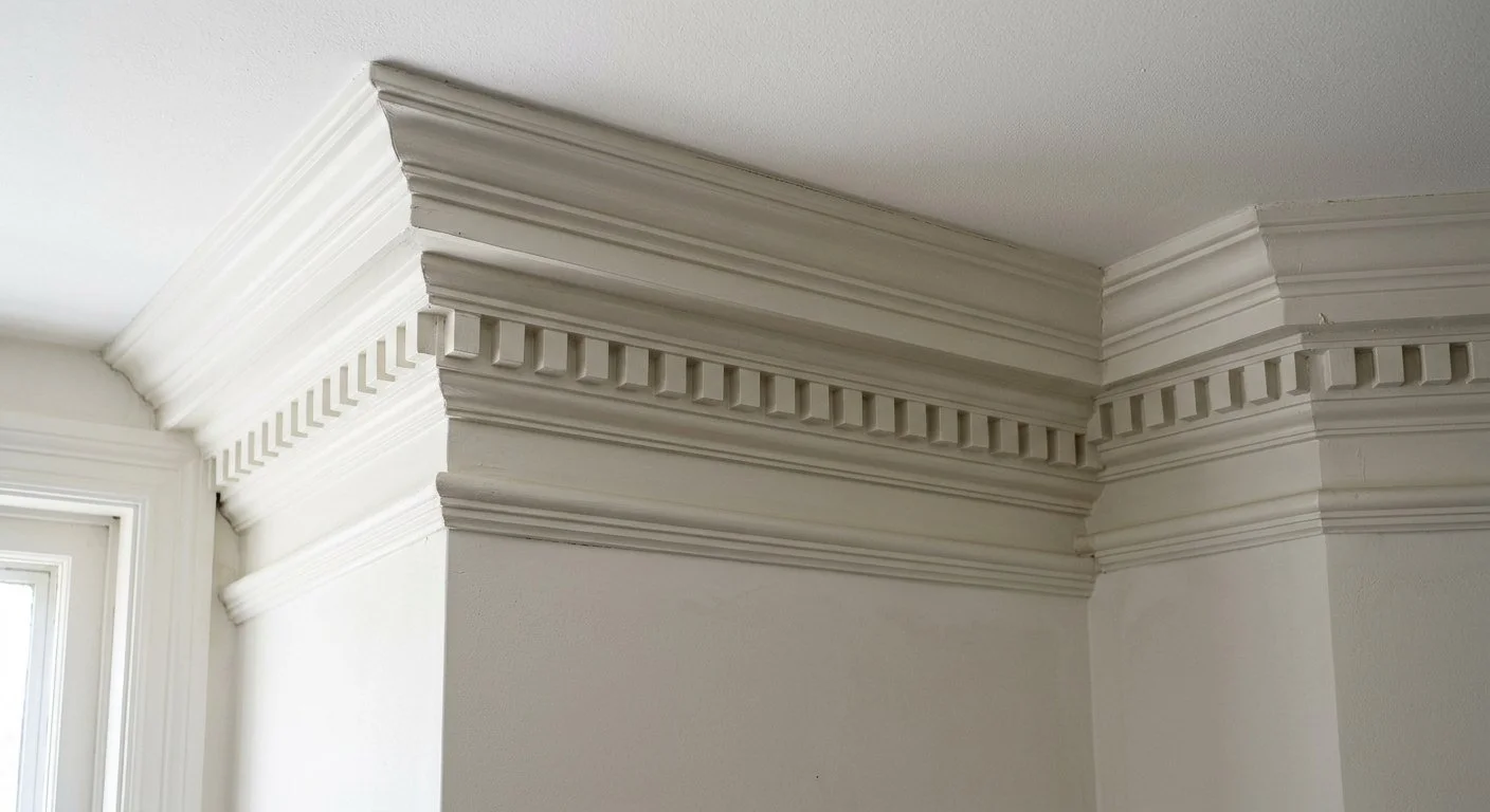 Built-up crown moulding assembled from stacked stock profiles to replicate an original cornice