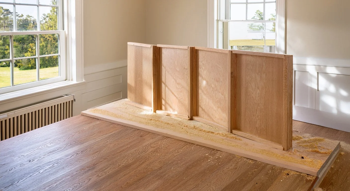 Cabinet grade plywood boxes for a media wall assembled in the shop