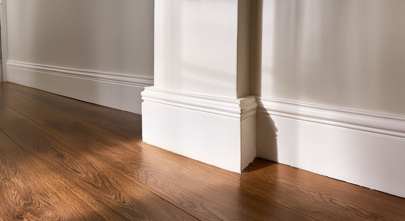 Close view of a stair skirt board scribed tight along a plaster wall