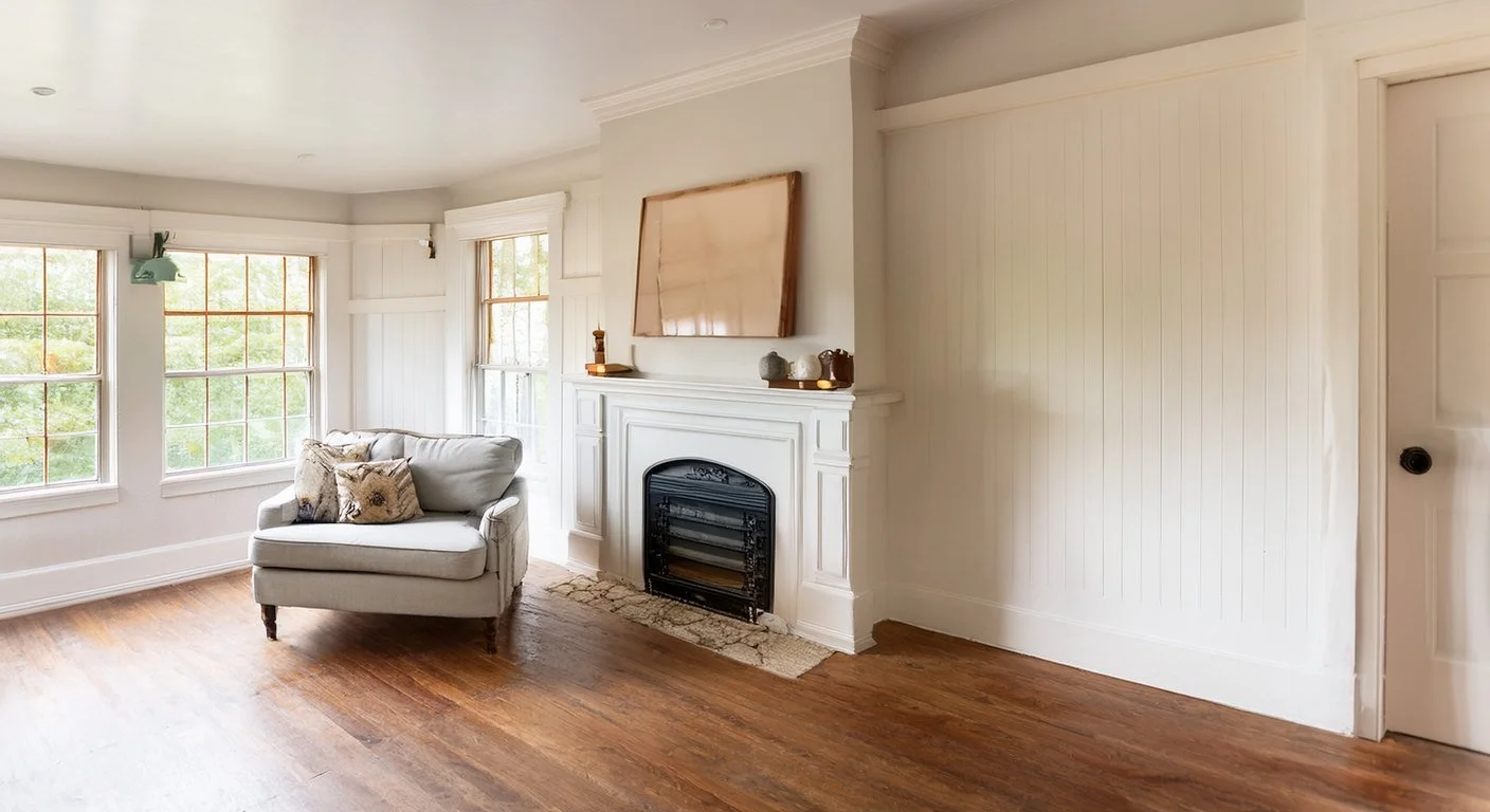 Craftsman style wood mantel with square columns in a 1920s bungalow