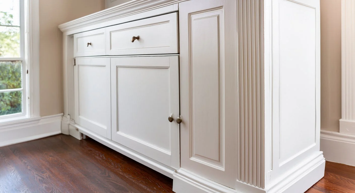 Close view of entryway built-in trim matched to the home's original door casing