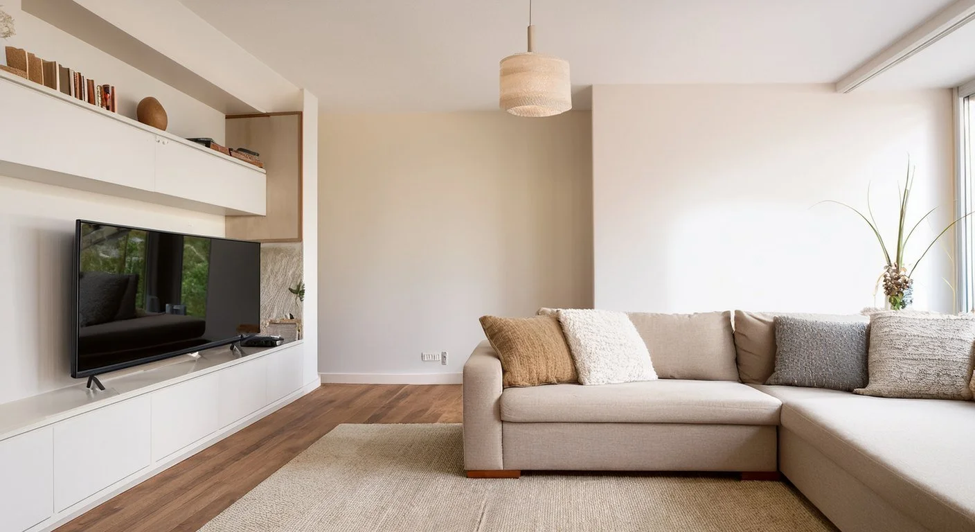 Media wall with the television centered at seated eye level above a low cabinet