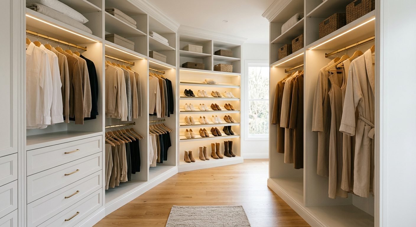 Painted plywood walk-in closet with drawers, double hanging and shoe shelving