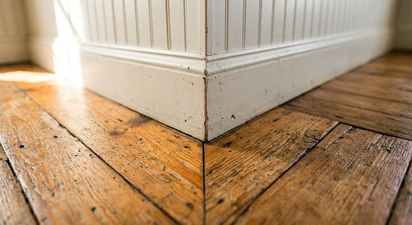 Close view of baseboard and paneling scribed tight to an uneven wood floor
