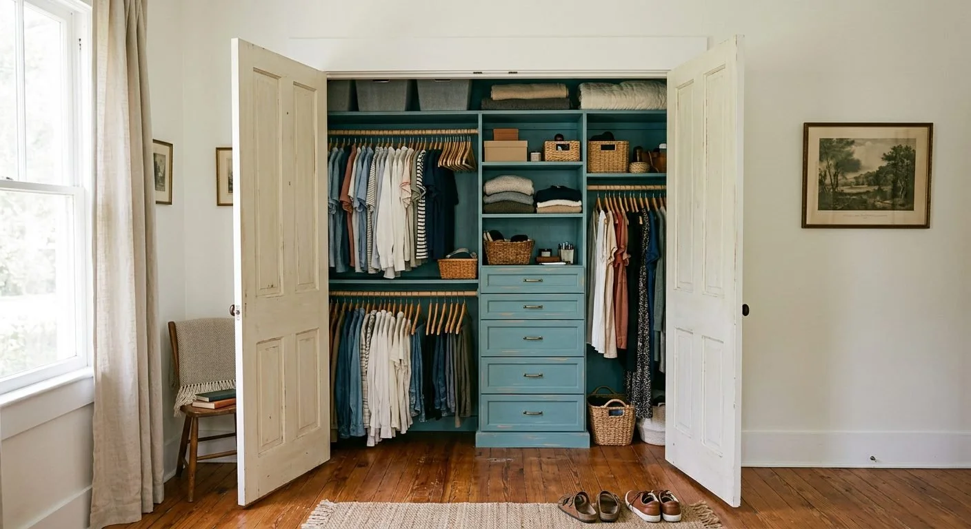 Custom reach-in closet system fitted into a small older bedroom