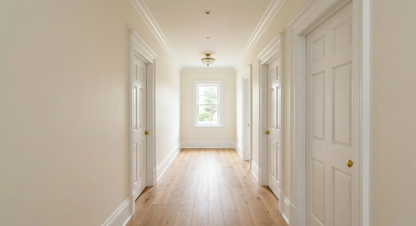 Hallway with baseboard, door casing and crown moulding matched throughout