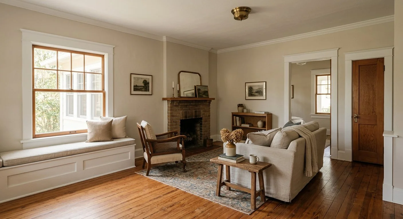 Simple painted crown moulding in a 1920s bungalow living room with original casing