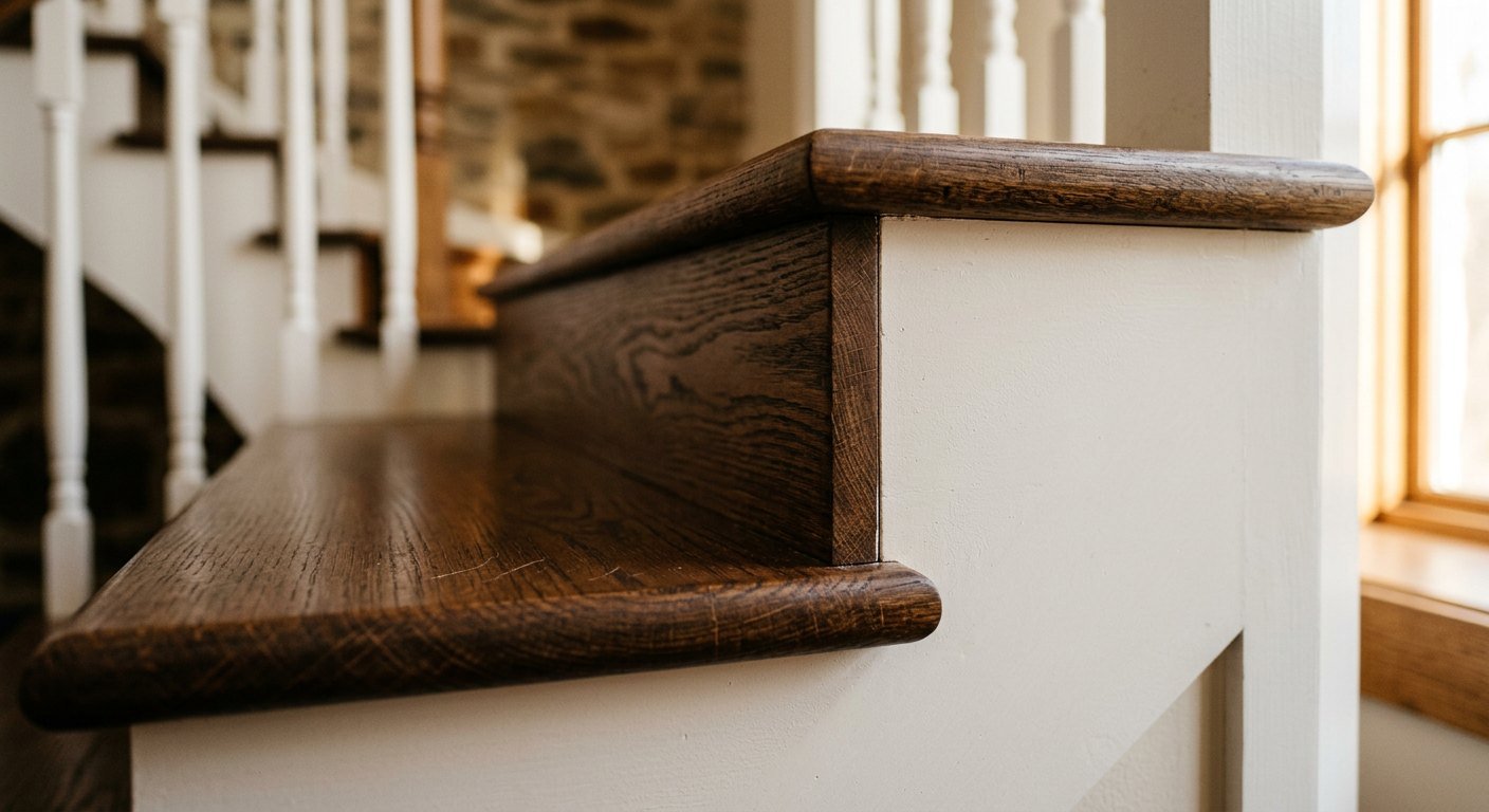 Close-up of stair tread and skirt board joinery showing a tight, gap-free fit