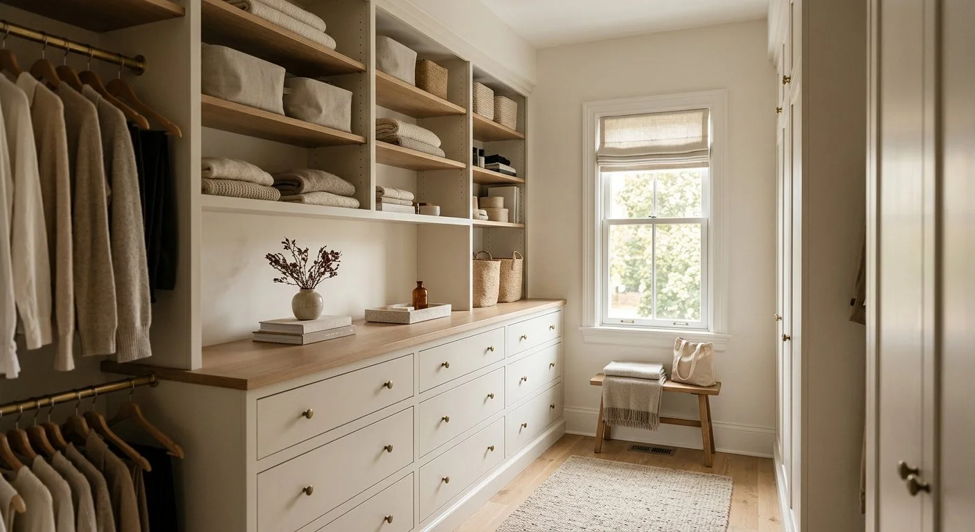 Primary bedroom closet with a built-in dresser and open shelving