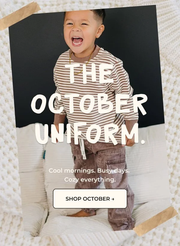 The October Uniform email with a laughing kid in stripes.