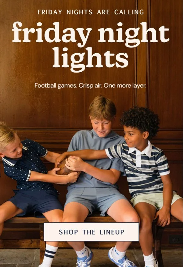 Friday night lights email with three kids on a bench.