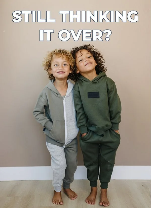 Checkout email: still thinking it over, with two kids in matching sets.