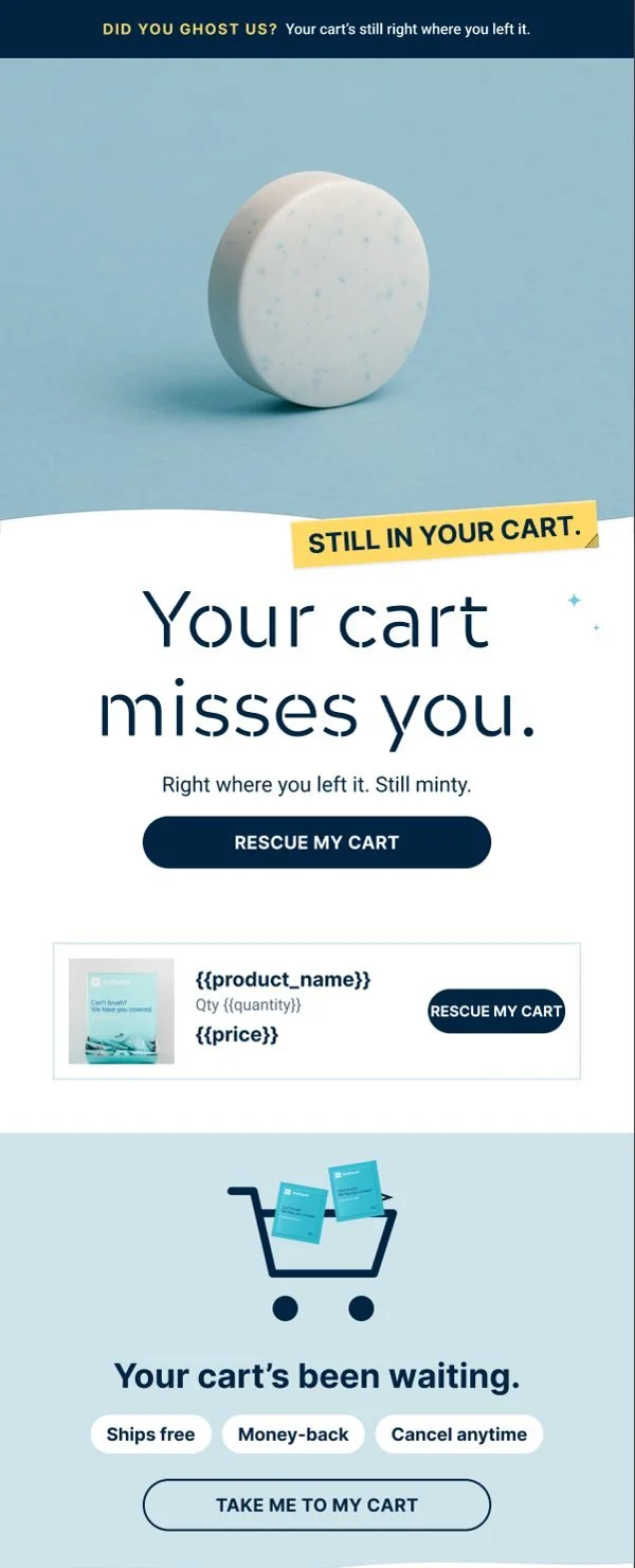 Cart email: your cart misses you, with the item and a rescue button.
