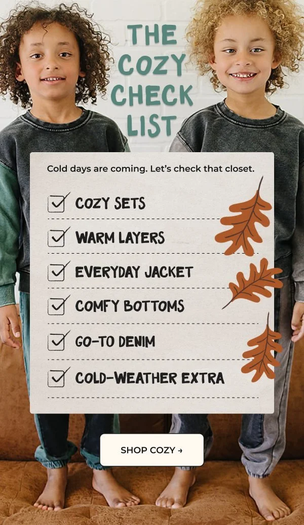 A fall checklist email: cozy sets, warm layers, everyday jacket.