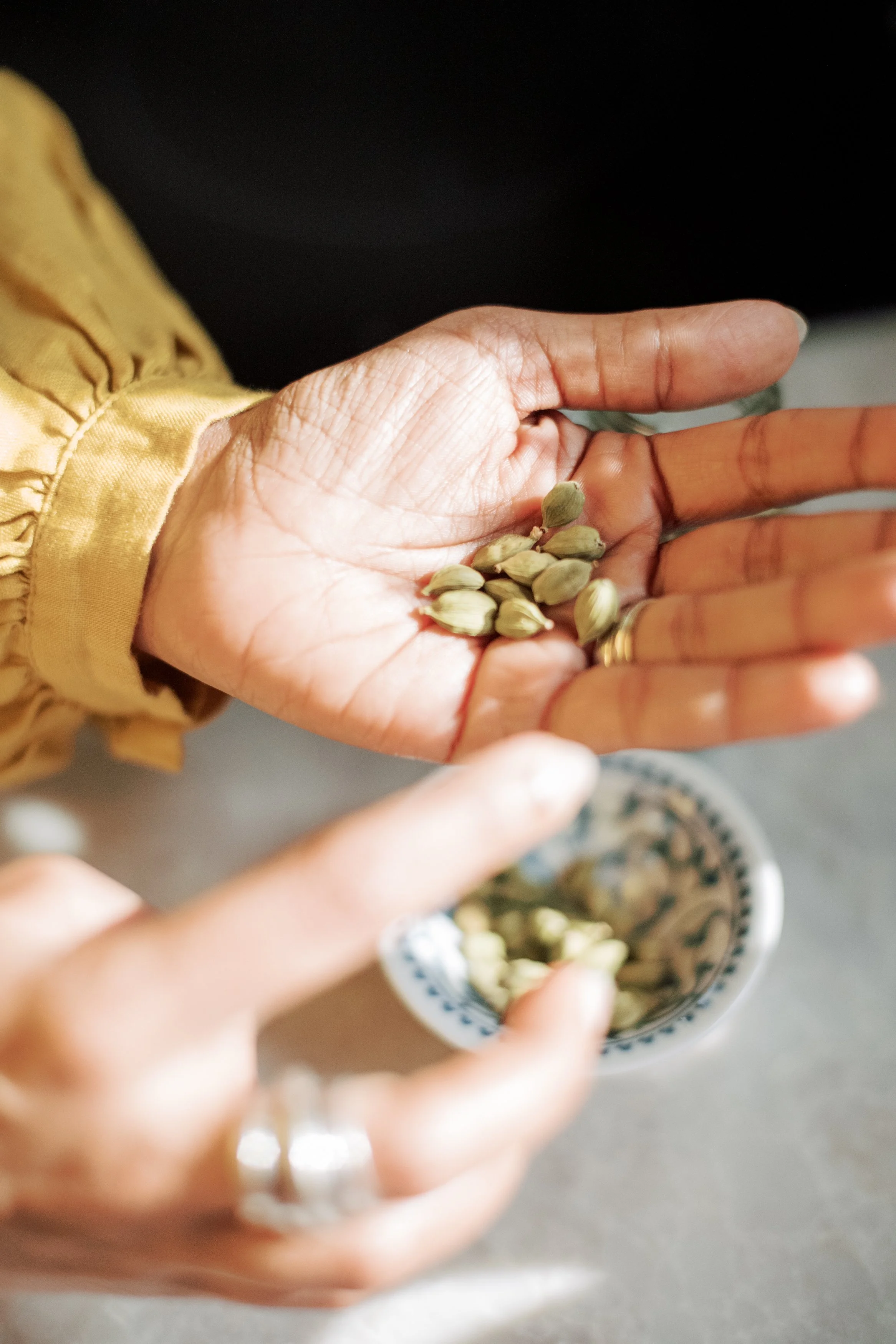 Dr. Farooqi holding cardamom pods in her open hand