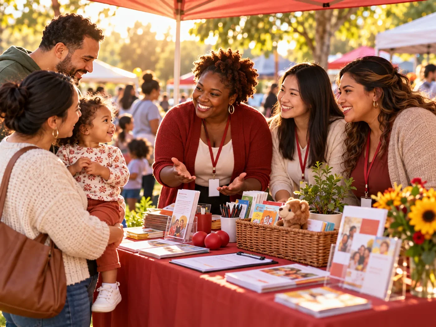 Illustrative community outreach scene with families and volunteers