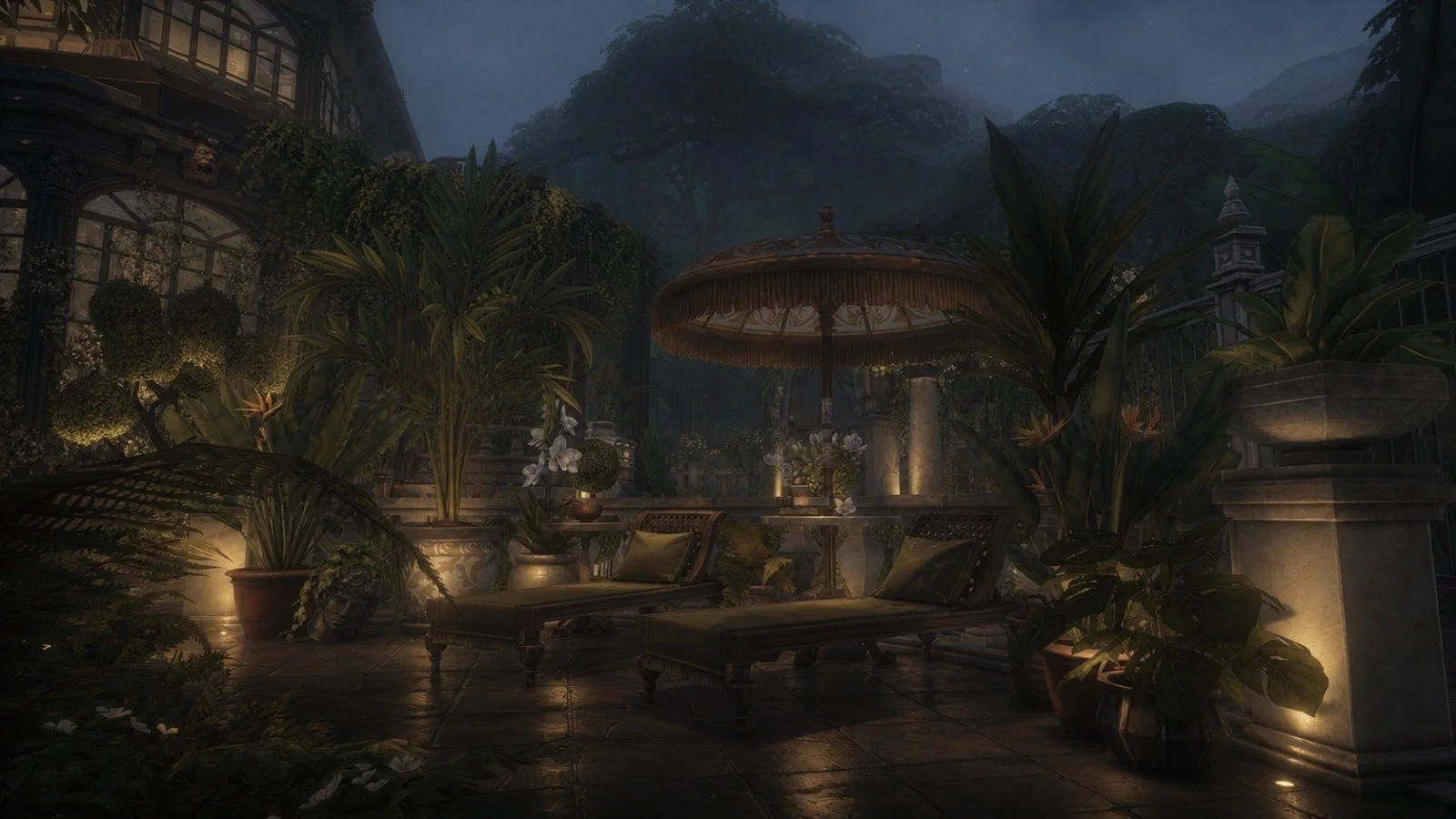 Luxury garden terrace in evening mist with dramatic lighting, romantic old world design