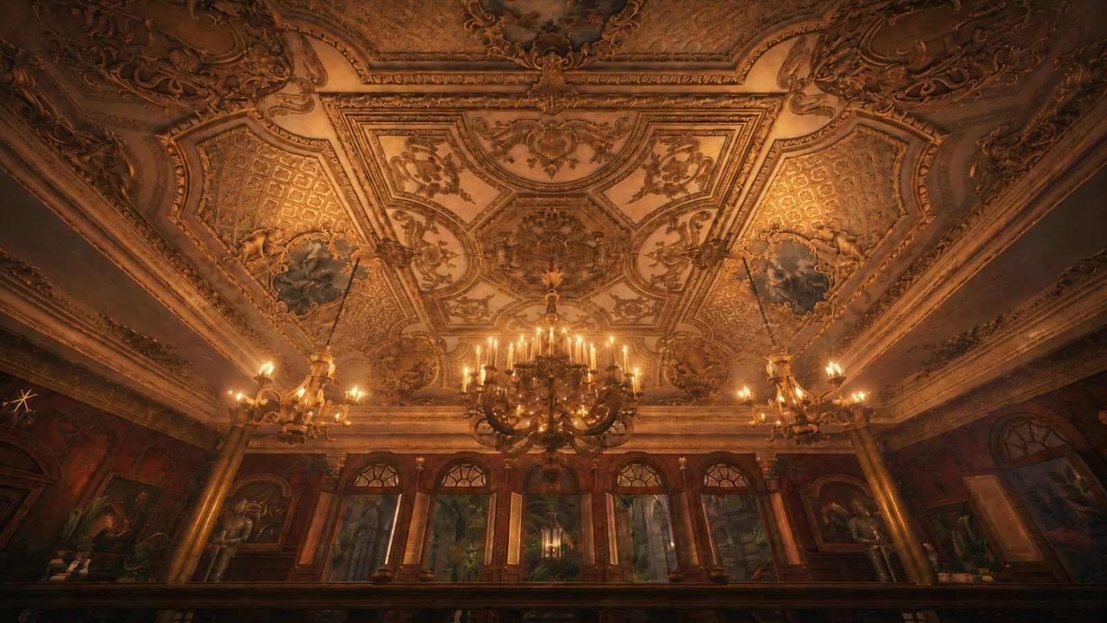 Opulent baroque hall ceiling with gilded moulding, chandeliers, romantic old world elegance