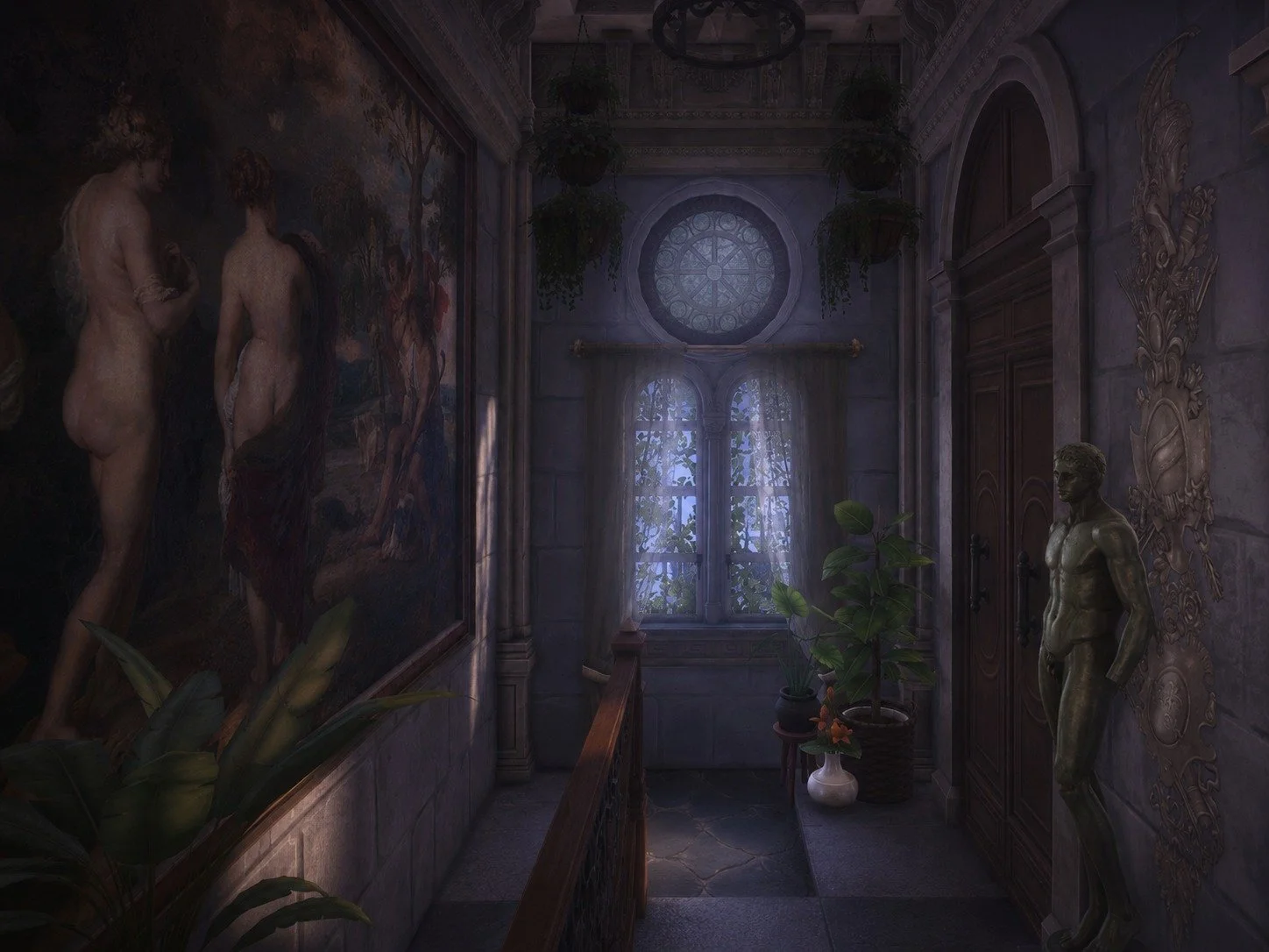 Twilight in a classical mansion hallway, old world interior, large historicism painting, romantic vibe