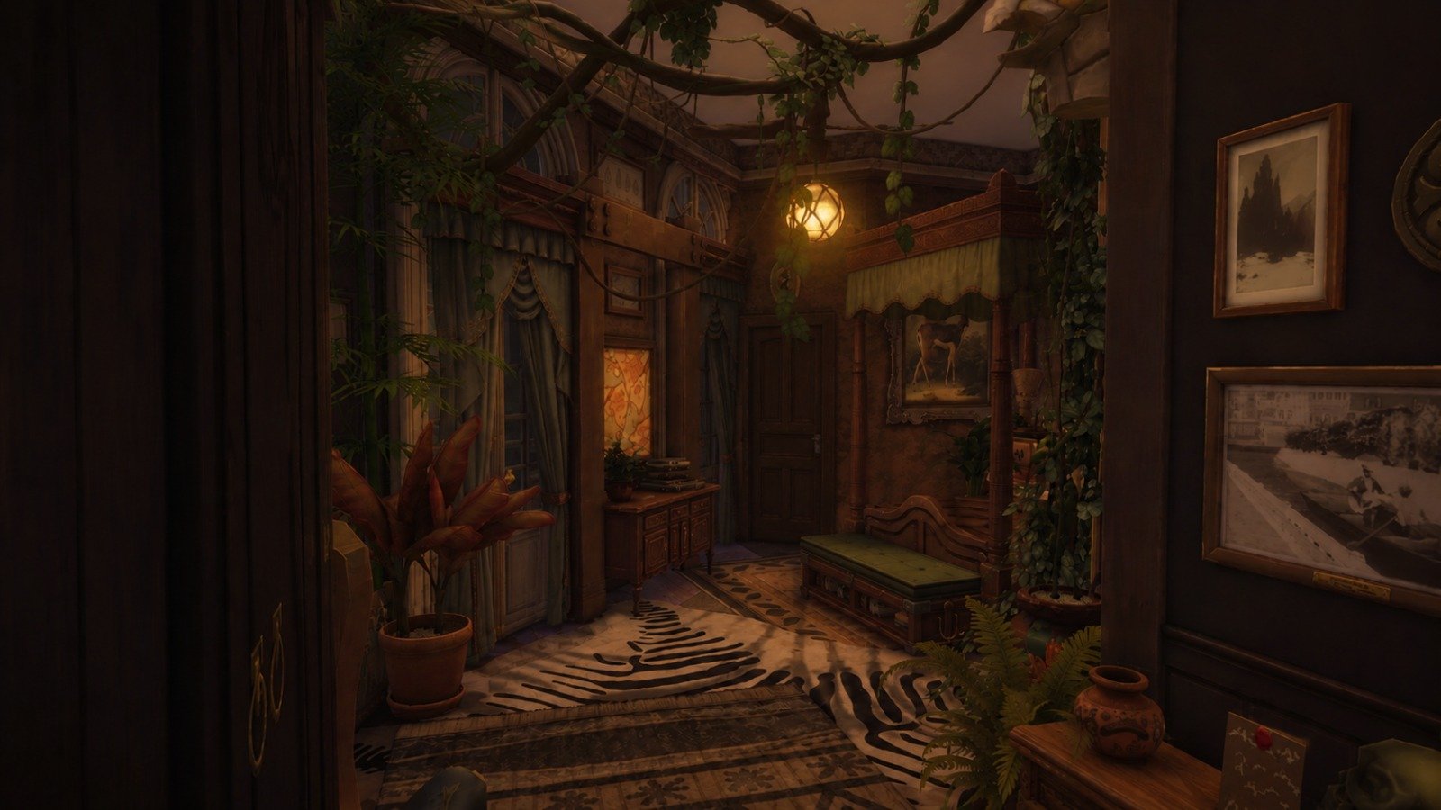 Cozy explorer's room with vibrant greenery and exotic decor, adventurous maximalist old world bedroom
