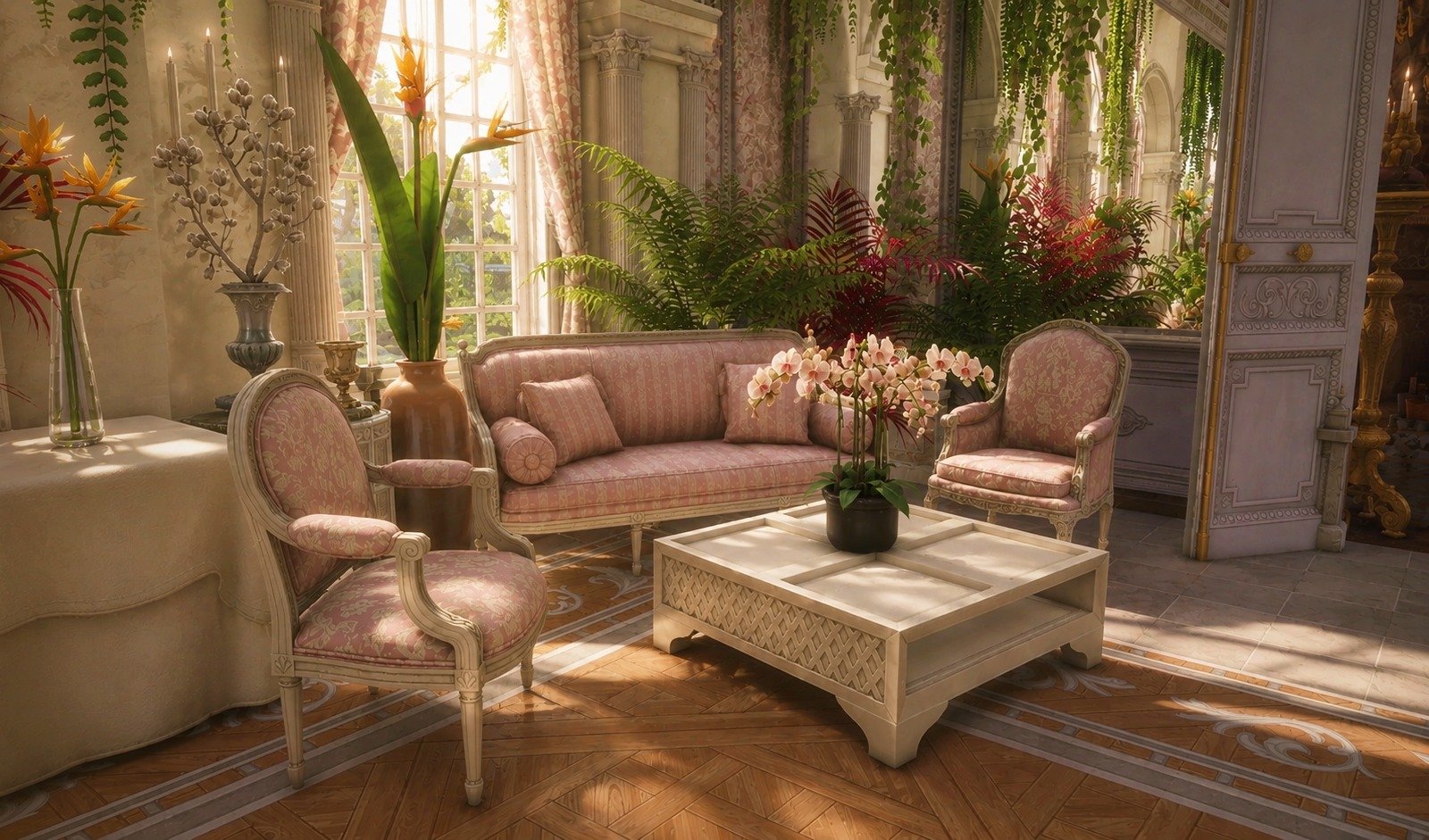 Elegant rococo sunlit parlor with pink upholstered seating and romantic old world furnishings