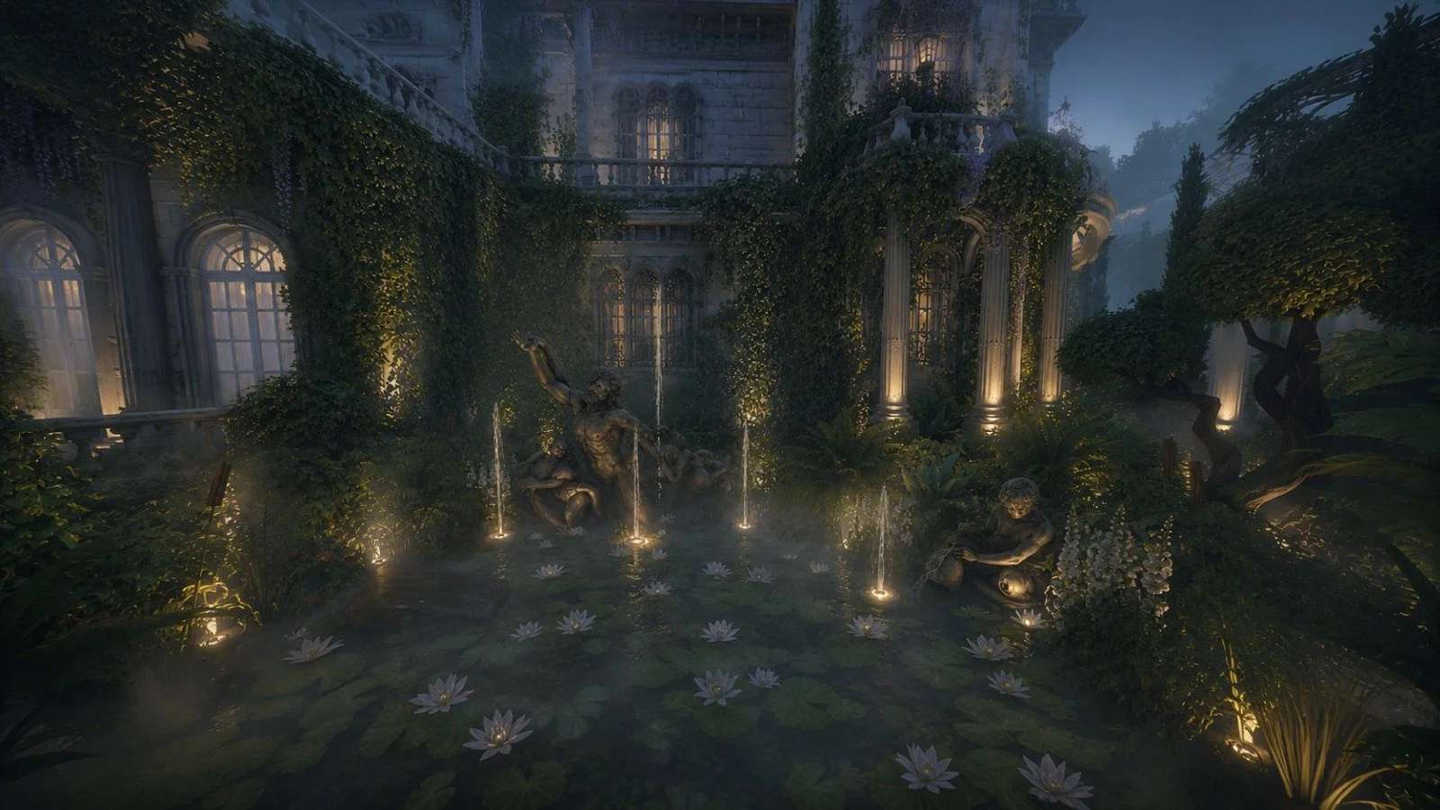 Mystical sunken garden by ivy-covered villa, dark romantic old world charm