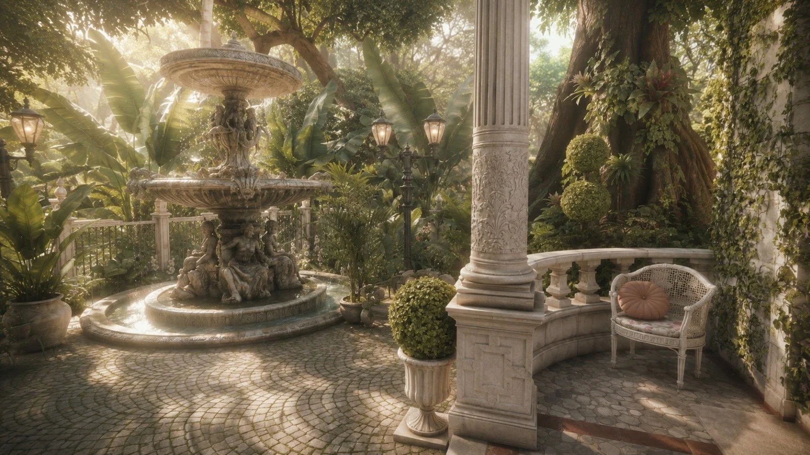 Elegant Mediterranean jungle garden fountain in golden hour light, romantic old world design
