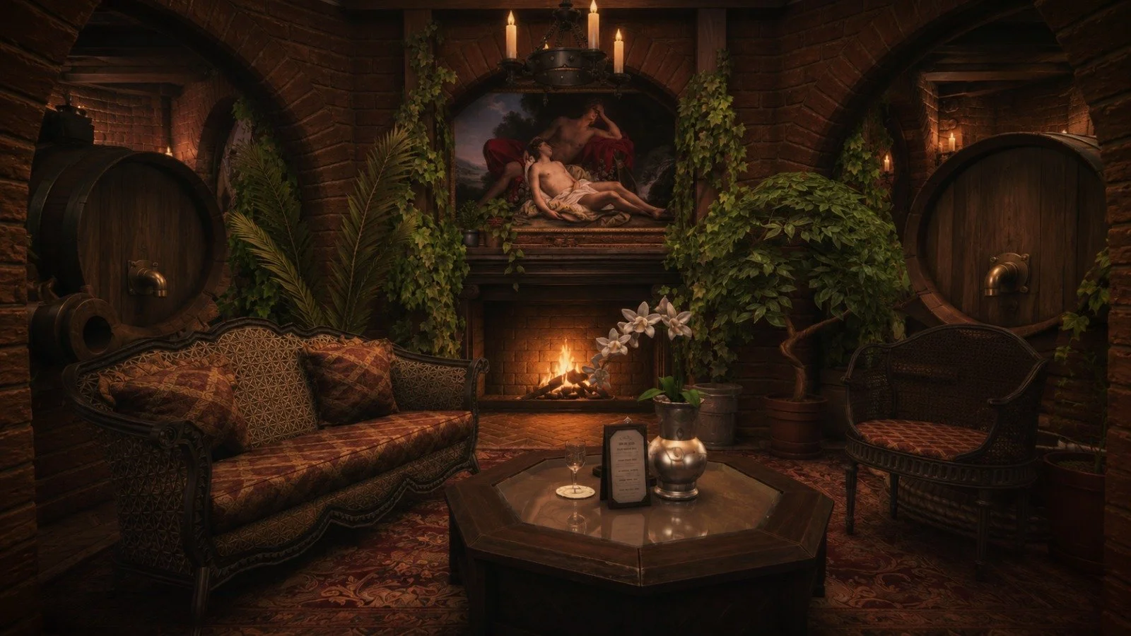 Cozy wine cellar lounge interior with romantic old world ambiance and ornate caned Louis XV seating