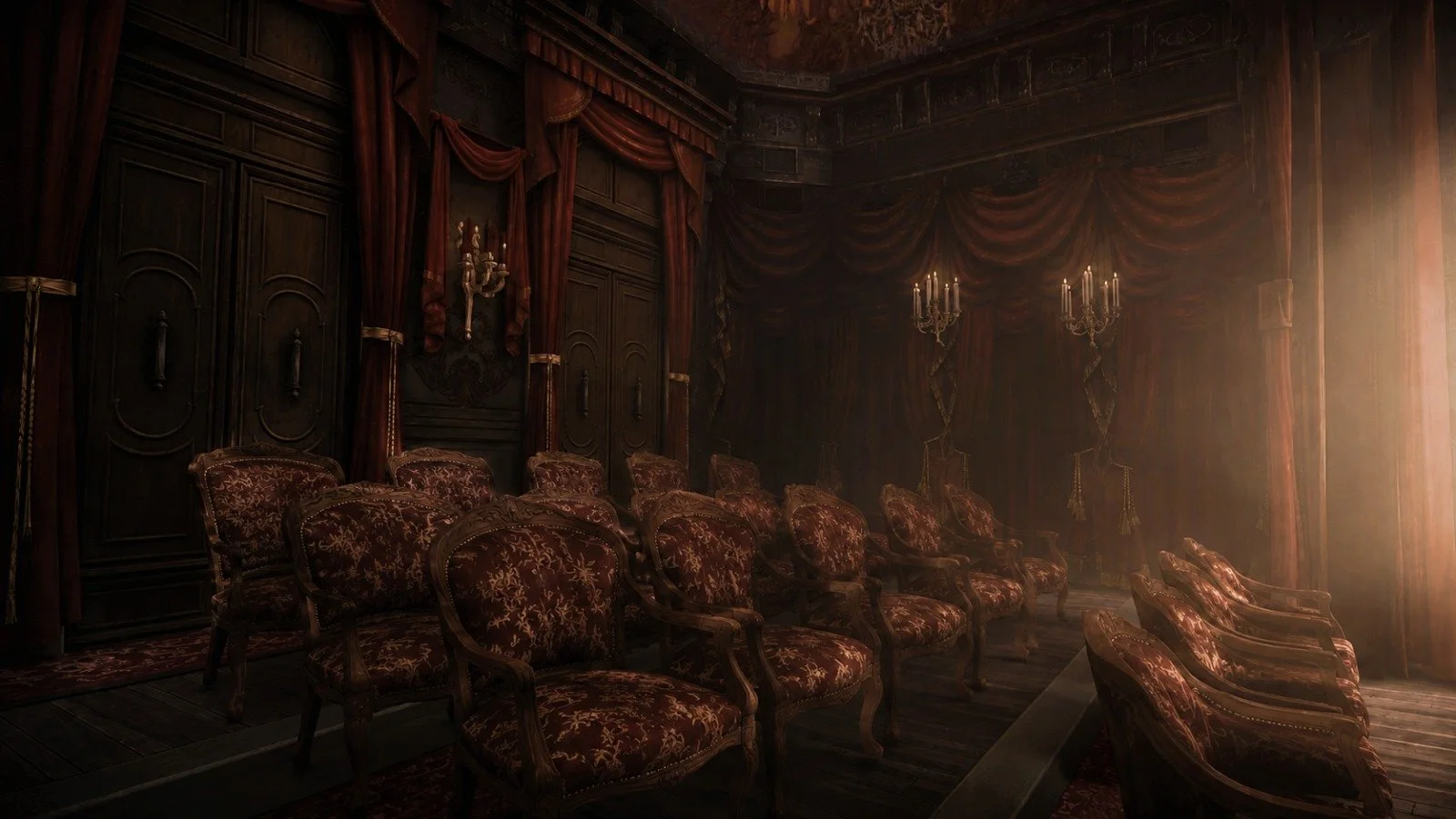Gothic elegance in a candlelit theater, dark romantic maximalist baroque dramatic interior